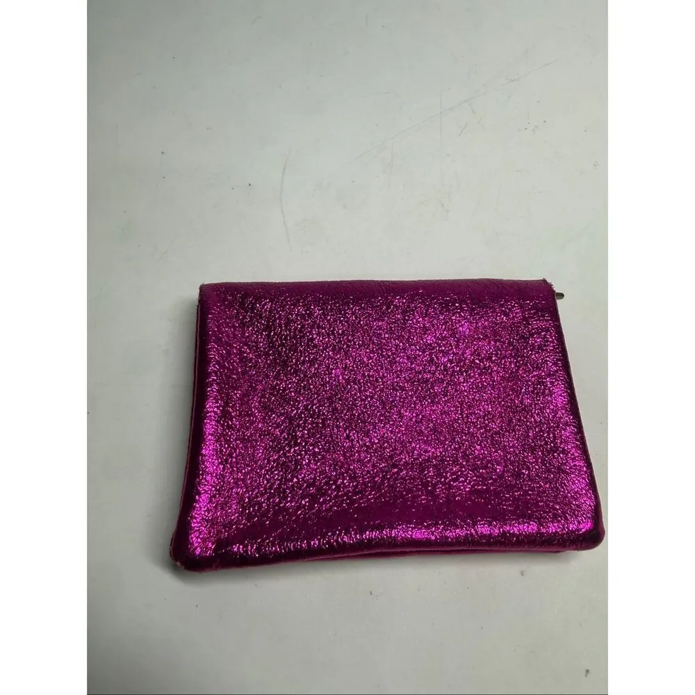 Genuine Leather Metallic Pink Wallet Zip Coin Pouch Compact Card Holder
